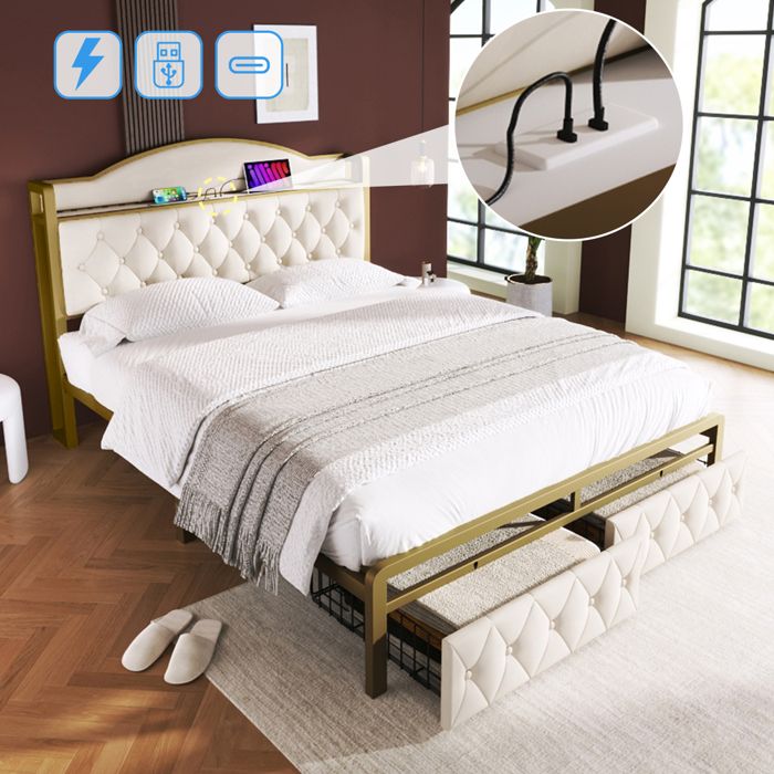lit double 140x200 cm avec 2 tiroirs, tête de lit avec chargement usb type c, cadre de lit en fer à lattes, velours, beige