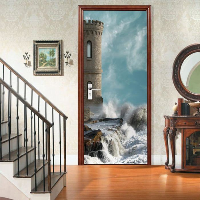 Sticker Porte Effet 3D Phare Côtier 77 X 200 Cm Autocollant Porte Trompe L'Œil Poster De