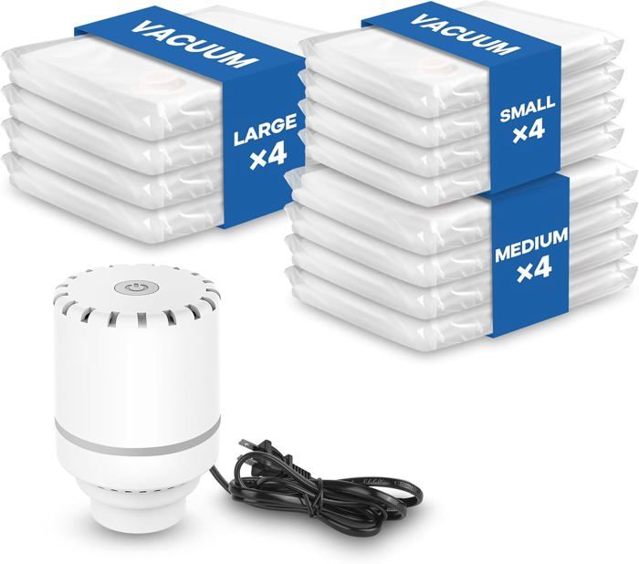 Kit Sacs Sous Vide 12 Pièces Avec Pompe électrique - 4 Grands, 4 Moyens, 4 Petits, Pour Vêtements, Couettes, Voyages, Gain De Place