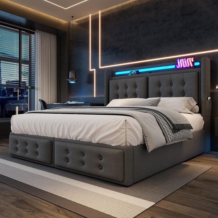 Lit 160x200 cm Lit coffre Lit adulte- avec tête de lit LED et USB C avec sommier à lattes - SWEIKO - Gris