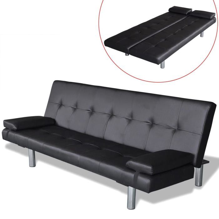 Canapé extensible multifonctionnel/ Canapé-lit réglable avec deux oreillers - Similicuir - noir CC59603528