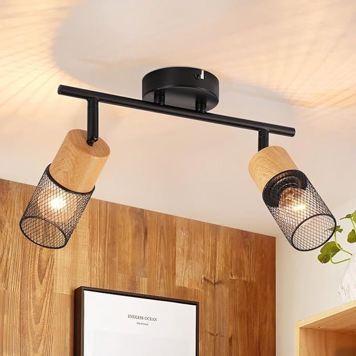 Homefire Spot de Plafond 2 Ampoules Vintage Spots en Bois Noir Orientable à 350° E14 Lampe de Cuisine Rétro pour Chambre