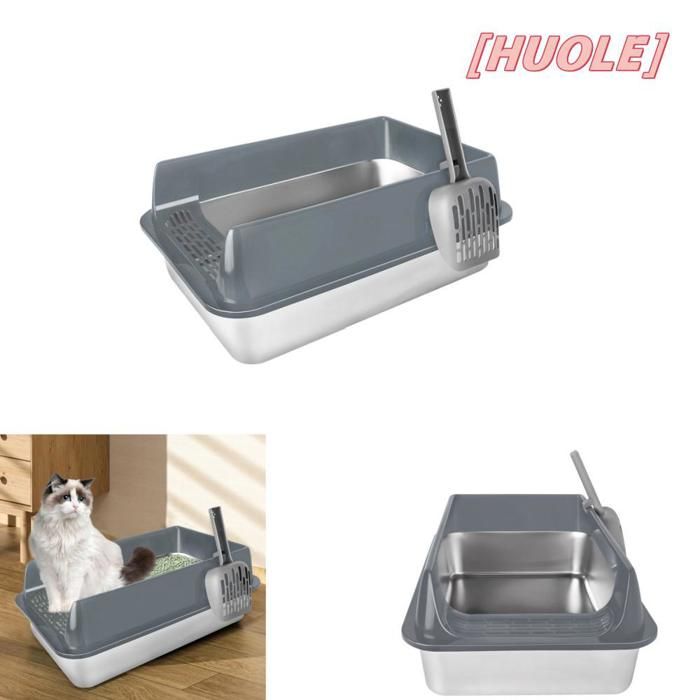 Comparer les prix de HUOLE Bac à litière pour chat en acier inoxydable, 50*35*24cm, durable et stable, facile à nettoyer, gris.