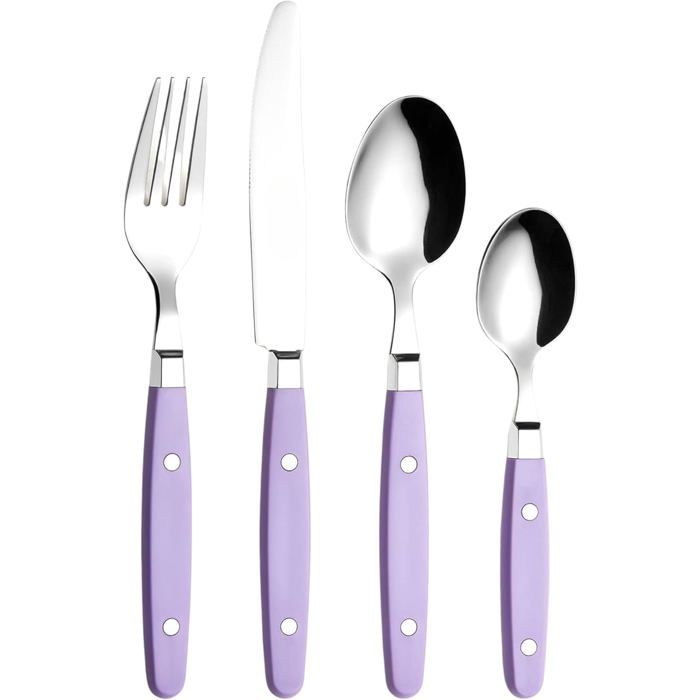 Ensemble de couverts 24 pièces - EXZACT - Style rétro poignées rivetées - Inox - Lilas - Compatible lave‑vaisselle