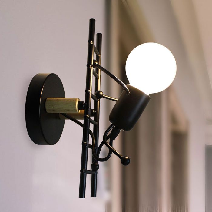 Lampe murale - Poupée de dessins animés - Noir - Métal et bois massif - Culot E27