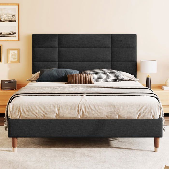 Lit Double rembourré 140 x 200 cm Lit adulte avec tête de lit rembourrée en Lin pour adultes et adolescents - Noir