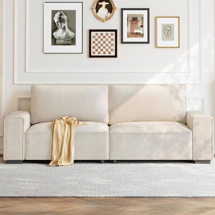 Canapé 3 places Confortable en chenille,Canapé avec accoudoirs larges, coussins épais à ressorts pour salon,220×82×84cm,Beige