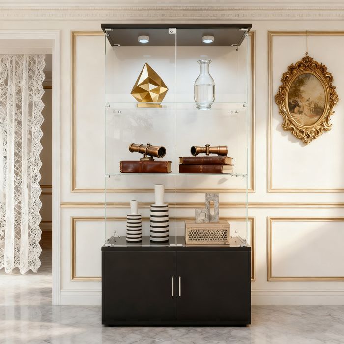 Vitrine en Verre Trempé Noir – Lampe à tapoter Verre Trempé 78x35x164 cm Séjour - 2 portes - Salon Chambre Bureau