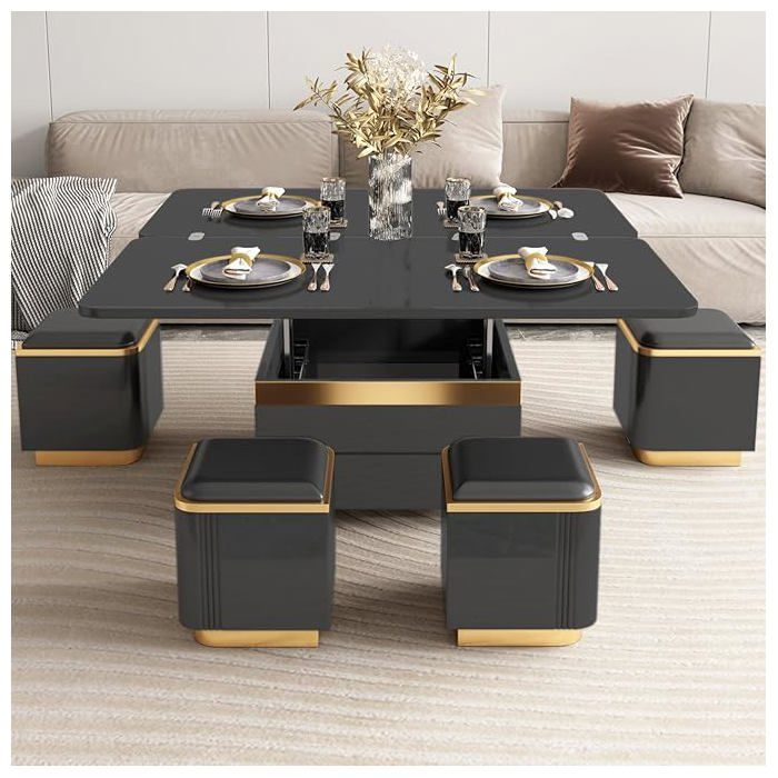Table basse relevable avec 4 tabourets intégrés table extensible 120×60 cm table noire et or pour petit espace