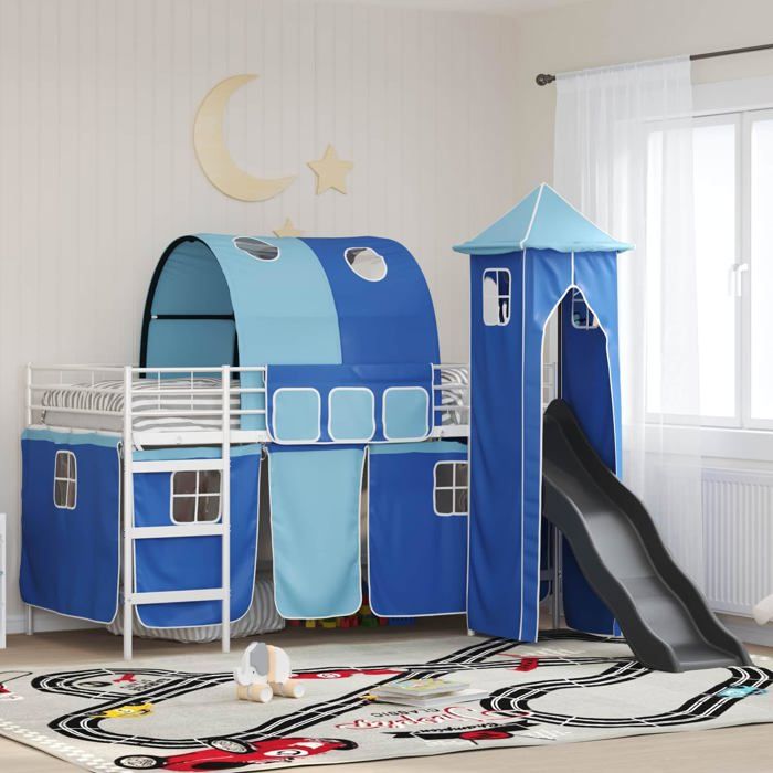 Lit mezzanine enfant - vidaXL - Blanc/Bleu - Métal robuste - 105x205x116 cm - Pliable - Toboggan intégré - Tour de jeu