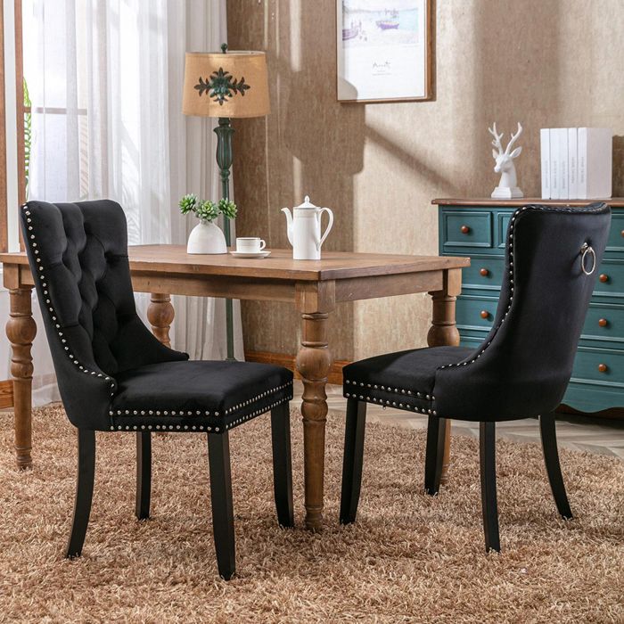 Lot de 2 Chaises de Salle à Manger Chaise de Cuisine Dossier à Ailes Pieds en bois massif Rembourrée Noir velours