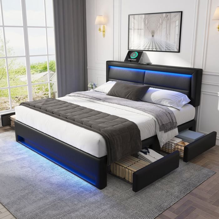 Lit double noir 140×190 cm sommier inclus USB + charge sans fil LED 12 couleurs 4 tiroirs structure solide