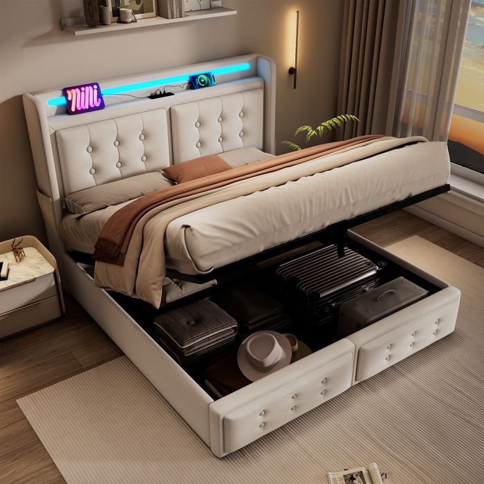 Lit Coffre 160x200 cm Beige Lit Simple Rembourré avec Tête de Lit LED Prises USB-C et Sommier à Lattes Relevable - Tissu Coton Lin