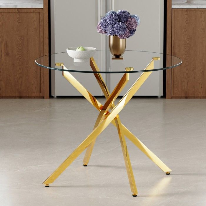 Table ronde salle à manger luxe design verre trempé pied métal doré 88cm espace salon petite pièce 2-4 personnes 88x88x75cm