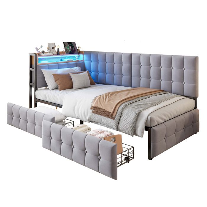 Canapé-Lit 90x200 Gris avec Rangement Tiroirs et Lampe LED Connectique USB et Type-C Lit Enfant Multifonction