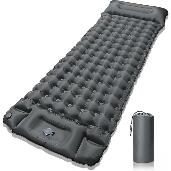 Matelas de Camping Tapis de Lit Auto-Gonflable avec Oreiller et Pompe à Pied intégrée Matelas de Camping Gonflable Portable(Gris)