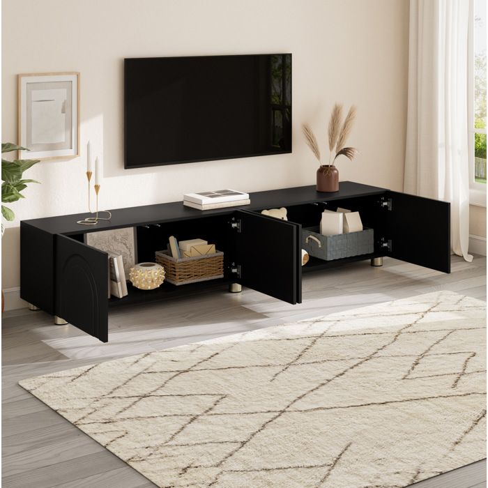 Meuble TV bas lowboard 4 portes avec relief en arc rangement salon noir en PB et MDF pieds métal 180 cm ORVRYN