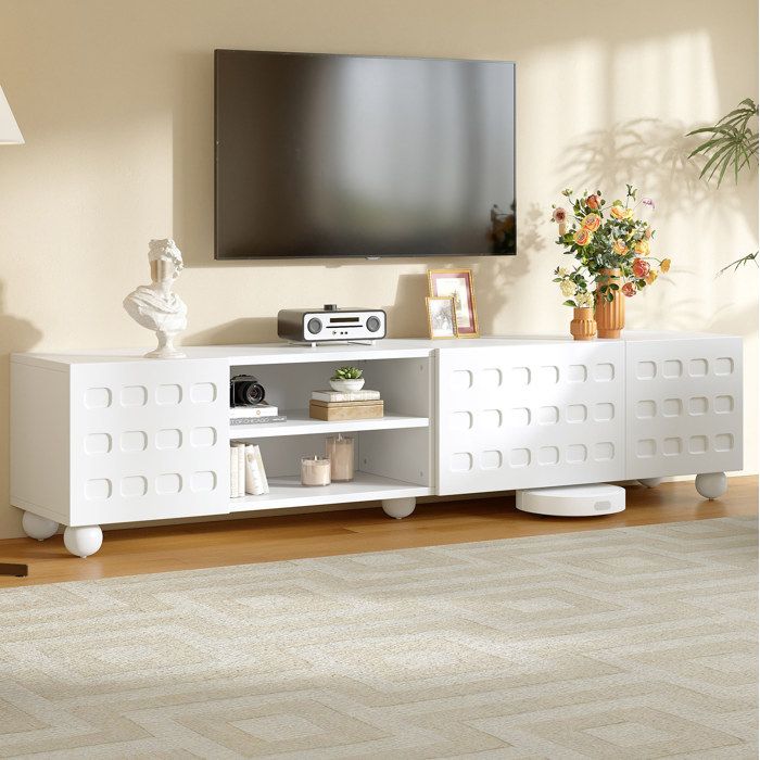 Meuble TV blanc 200 cm 3 portes avec 2 niches semi-ouvertes décor imprimé 5 pieds pour TV jusquà 80 pouces ORVRYN