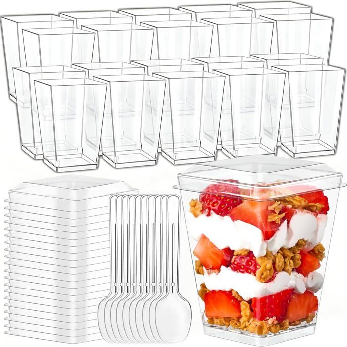 40 Pièces Tasses à Dessert Gobelets à Dessert en Plastique 160ml/5oz Verres à Dessert Réutilisables avec Cuillères et Couvercle