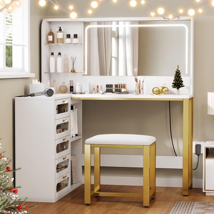 Coiffeuse dAngle en L 120x80x135cm - Table de Maquillage avec Miroir LED 5 Tiroirs Étagères et Tabouret - Blanc et Or
