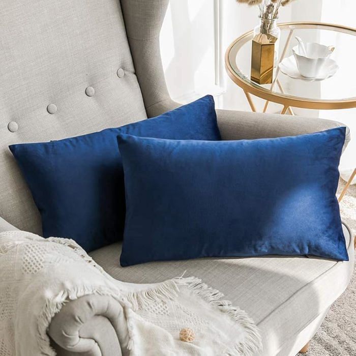 Lot de 2 Housses de Coussin en Velours Décoratif Canapé Taie oreiller Lisse Doux Decoration Maison Bleu 60 X 40 C HOUSSE DE COUSSIN