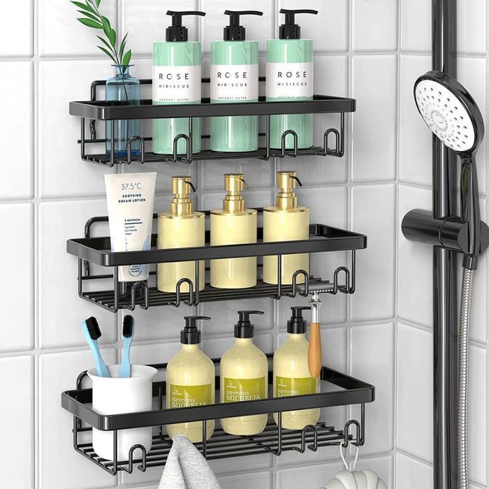 Etagere Douche Inox 304 - Lot de 3 - Sans Percage - Rangement Mural Robuste - Salle de Bain Moderne - Noir