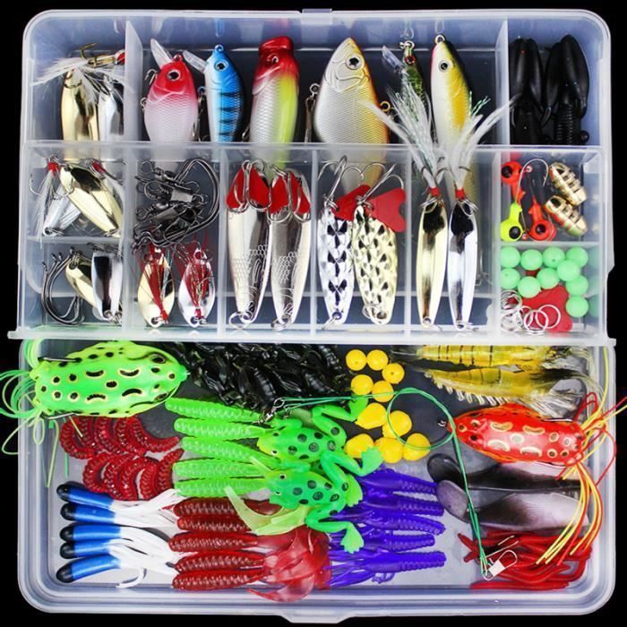 Assortiment de leurres de pêche – 141 pièces – Leurres durs et souples – Boîte de rangement incluse – Multicolore