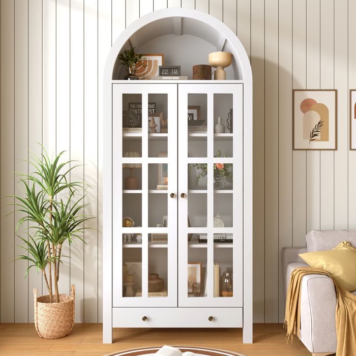 Vitrine moderne blanche avec étagères et tiroirs meuble de rangement polyvalent adapté au salon au bureau et à la salle à manger