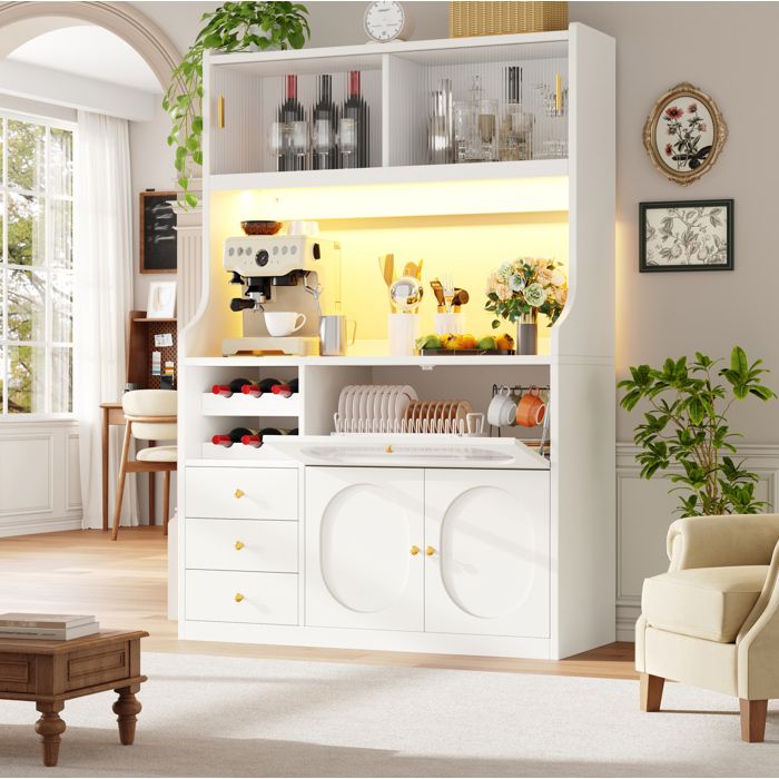 Maisentiel Colonne de cuisine 120 x 40 x 180 cm blanche en MDF et métal LED RGB portes coulissantes en verre