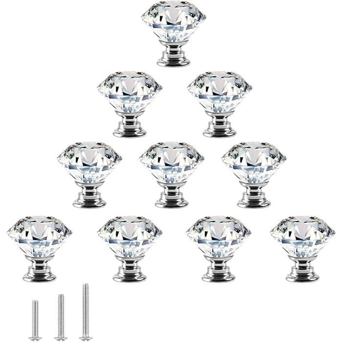 Lot de 10 Boutons porte de cuisine cristal poignées verre diamant 30mm bouton de porte armoire en verre eckig 10stk