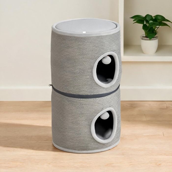 Arbre à chat tonneau griffoir 3 niveaux en polyester gris séparable en 2 niches Ø 42 x 69H cm