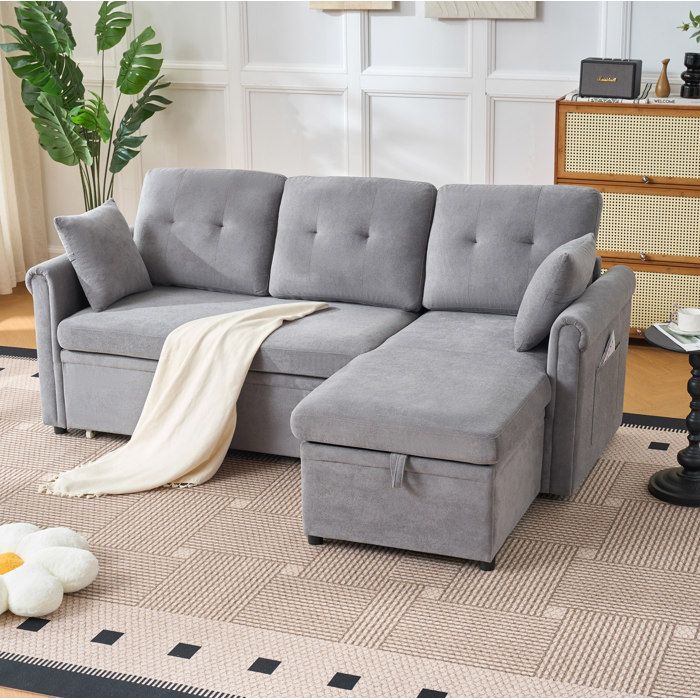 COVREO Canapé d’angle convertible 3 places réversible avec coffre chenille gris 206 x 130 cm