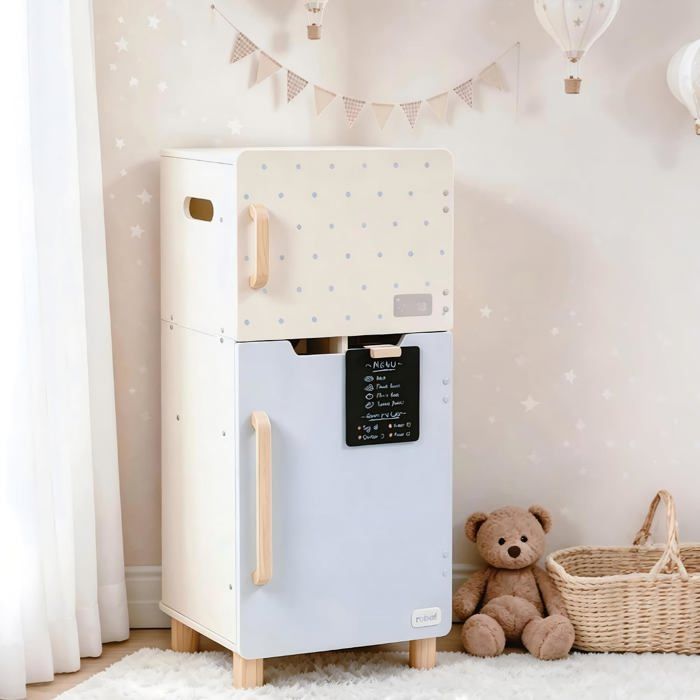 ROBUD Réfrigérateur Jouet en Bois avec Tableau Noir Congélateur et Rangement Cuisine Enfant Style Bleu Crème Dès 3 Ans