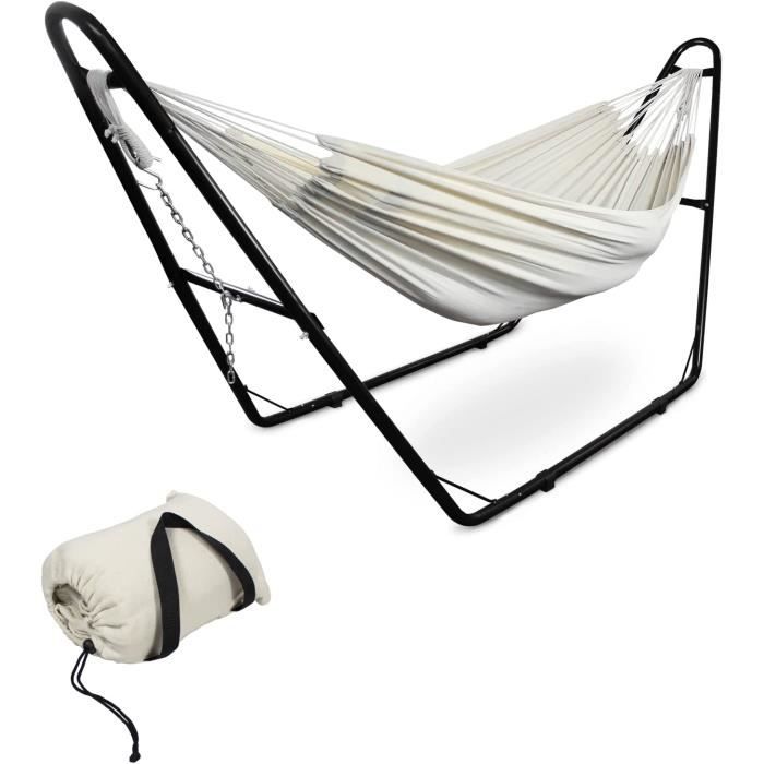 Hamac Double Sur Pied Laneetal – 2 Personnes 250 Kg, Support Métal + Sac Transport, Pour Jardin, Camping, Balcon (Gris Foncé)