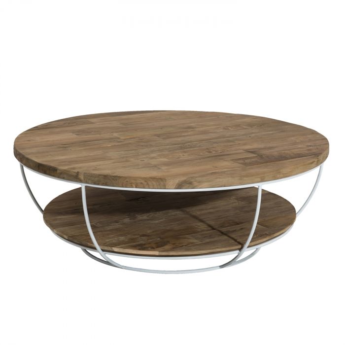 Table Basse Ronde Double Plateau Style Industriel En Bois Teck