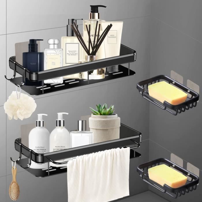 Totofac Etagere Douche Sans Percage d'angle, 3 PCS Etagère de Rangement Douche Noir avec 14