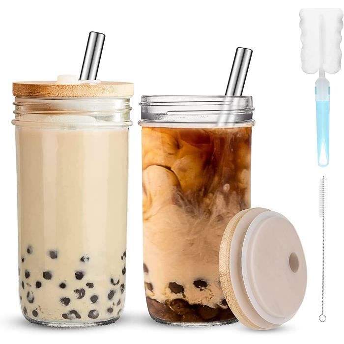 Bubble Tea Lot De 2 Tasses à Thé Réutilisables Avec Couvercle En Bois Et Paille 730 Ml (Entièrement Scellé)