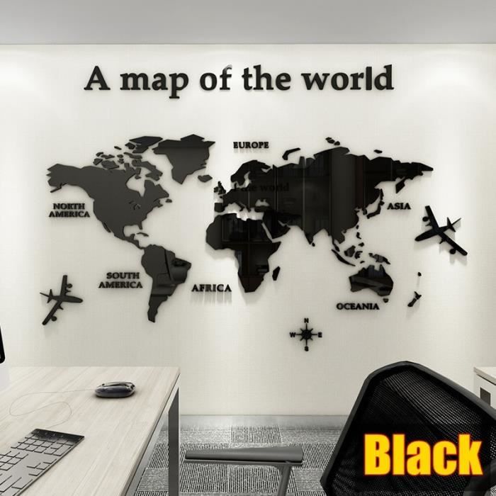 Autocollant Mural Carte Du Monde 3D Acrylique – Noir, Autocollant, Déco Chambre Ou Salon
