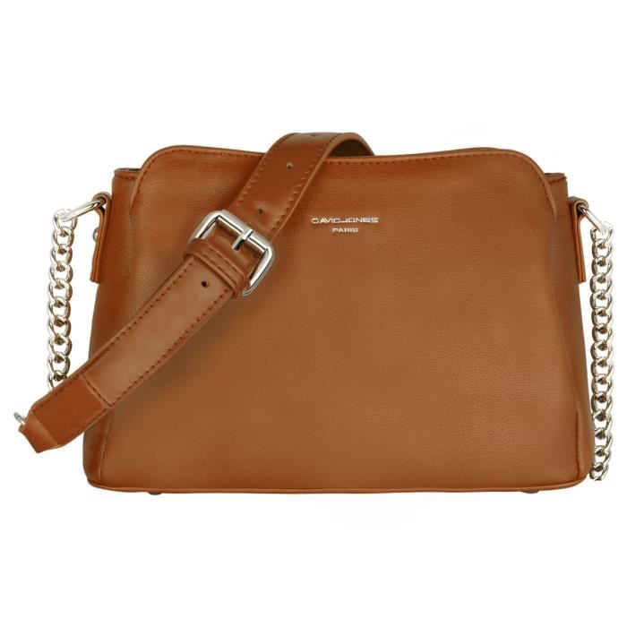 David Jones - Petit Sac Bandoulière Femme - Sac Chaîne Porté Epaule Simili Cuir - Besace Sacoche Téléphone Pochette - Marron Cognac