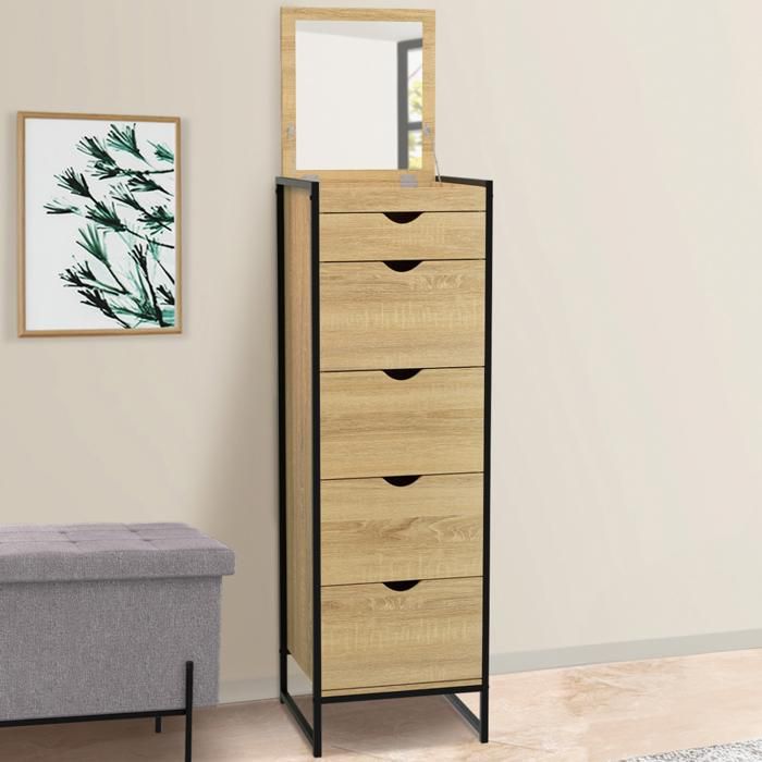 IDMARKET Chiffonnier 5 tiroirs DETROIT 40x40x125 cm avec miroir meuble dentrée design industriel