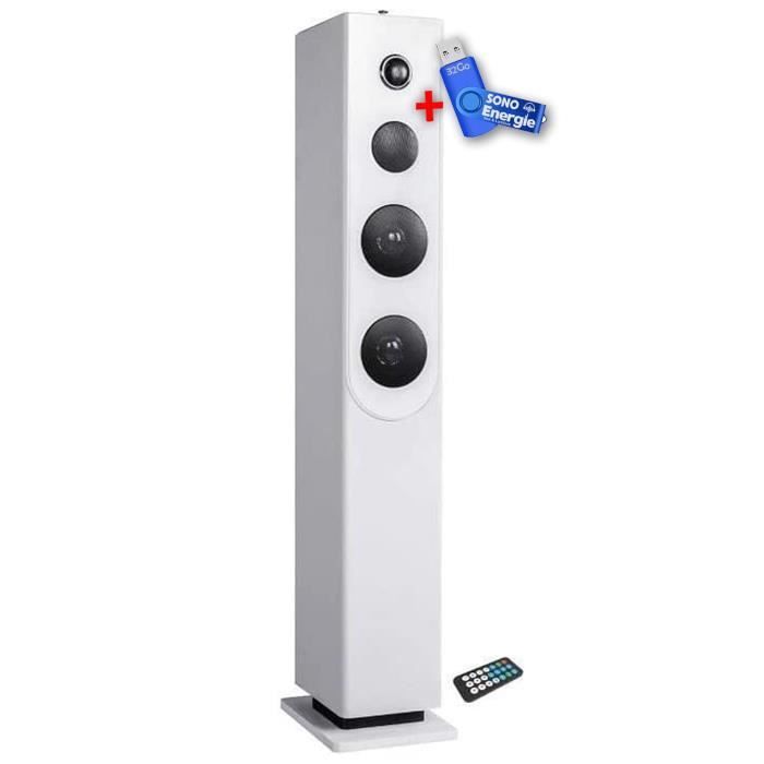 Tour de son HP33-CD-WHITE avec lecteur CD, Bluetooth, FM et USB, 100W + télécommande+clé USB 32Go