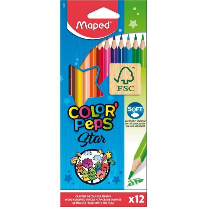 Maped - 12 Crayons de Couleur Color'Peps Star - Crayons en Bois FSC aux Couleurs Vives - Pochette carton