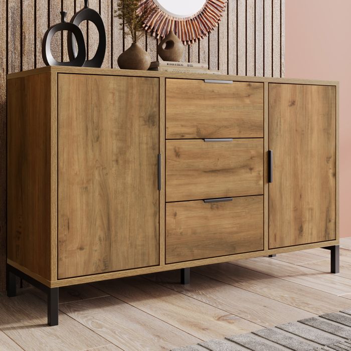 Commode avec 2 portes + 3 tiroirs + étagères réglables pour chambre adapté à la chambre salle à manger et salon chêne Commode avec 2 portes + 3 tiroirs + étagères réglables pour chambre adapté à la chambre salle à manger et salon chêne