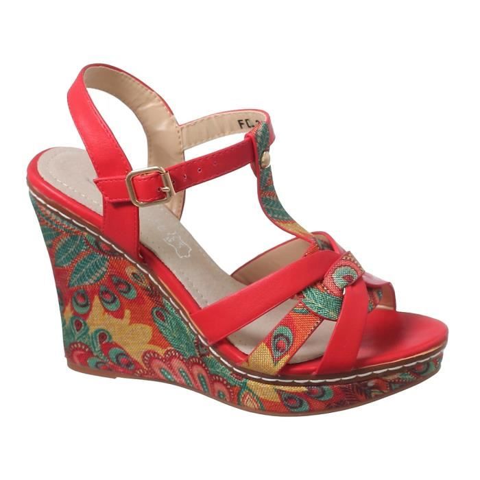 sandales compensées rouge femme