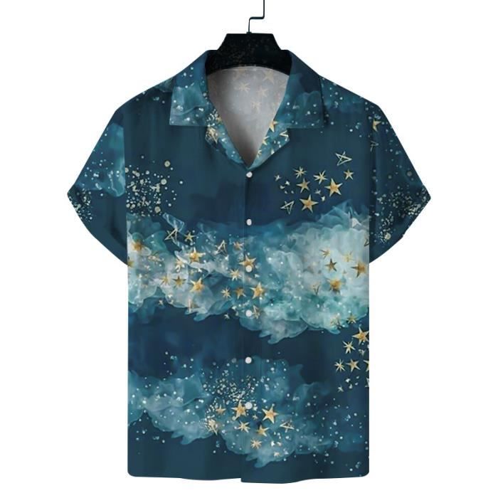 Chemise Homme AIEVIS Manches Courtes Imprime Etoile Bleu