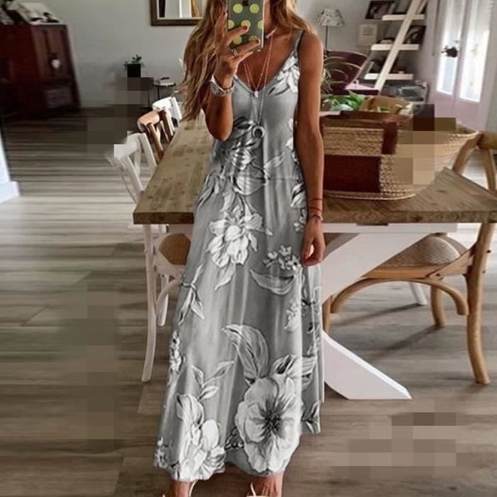Sexy Chic ete Robe longue sans manches Imprime hawaien Tropical pour femme Gris Cdiscount Pret a Porter