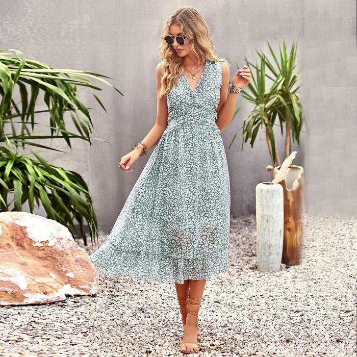 Robe femme chic Mode elegant Sexy Col en V Sans manches Vacances a la plage cool Vert Nathan Vert Cdiscount Pret a Porter