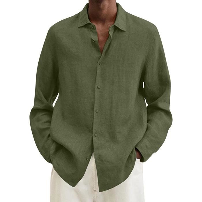 Chemise d'été MARQUE Modèle Coton et lin Col boutonné Manches  longues Vert armée