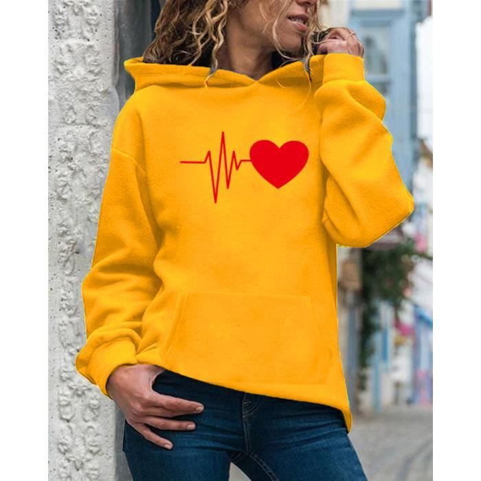 Sweat Femme Pull a capuche decontracte imprime - jaune GOGUQ Jaune