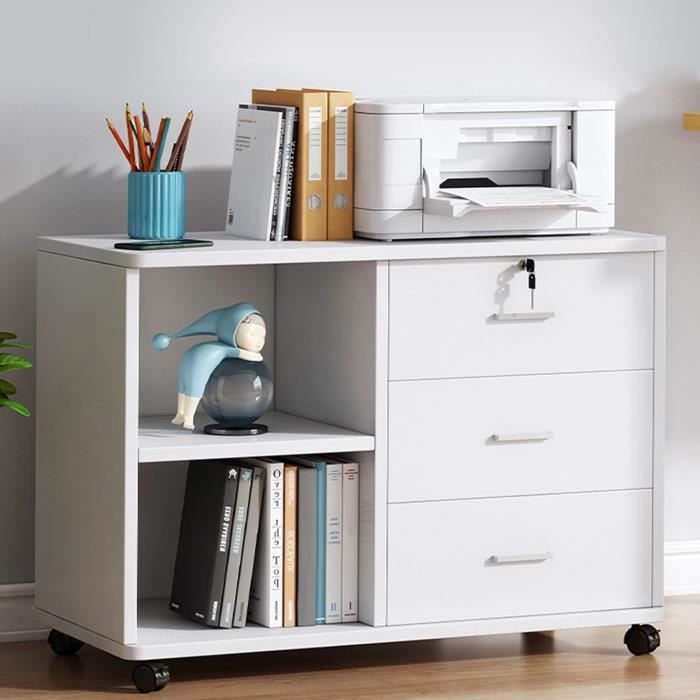 Classeur Mobile 3 Tiroirs Avec Serrure - Meuble De Rangement Bureau Métal Blanc 46×40×58 Cm